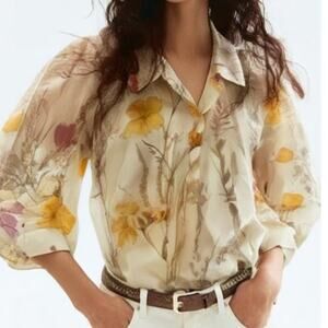 Bailey Yellow Floral 3/4 Sleeve Button Front Collard Blouse Women's Large NWT